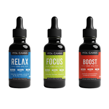 Load image into Gallery viewer, Three 30ml bottles of Vitacanna 700mg Broad Spectrum CBD Oil, labeled "Relax," "Focus," and "Boost" with blue, green, and red labels, each featuring unique supplement blends from organic hemp.