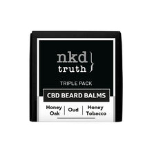 Load image into Gallery viewer, A product image of the NKD 300mg CBD Infused Speciality Beard Balm Gift Set, displayed in sleek black packaging with white text. This luxurious gift set includes three exquisite fragrances: Honey Oak, Oud, and Honey Tobacco.