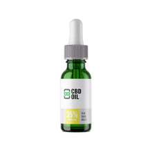 Load image into Gallery viewer, A compact green glass bottle with a white label displaying the text "CBD Asylum 35% 3500mg CBD Oil, Full Spectrum Terpenes." The bottle comes with a grey dropper cap. The label also mentions that the oil is intended for oral use. The background is plain white.
