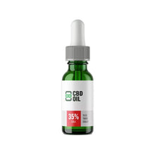 Load image into Gallery viewer, A green glass dropper bottle with a gray cap, labeled "CBD Asylum 35% 3500mg CBD Oil 10ml (BUY 1 GET 2 FREE)" and instructions to "Take Orally." The label features a green icon and text on a white background, highlighting its Full Spectrum Terpenes.