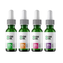 Load image into Gallery viewer, A row of four green glass dropper bottles with white labels displaying "CBD Asylum 35% 3500mg CBD Oil 10ml (BUY 1 GET 2 FREE)." The bottles, enriched with full spectrum terpenes, are labeled with different flavors: Natural (green), Orange (orange), Mixed Berry (pink), and Acai Berry (purple). Each label indicates "To be taken orally.