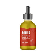 Load image into Gallery viewer, A transparent glass bottle with a black dropper cap labeled "Hembiotic 5000mg Bulk CBD Oil - 50ml" contains a greenish-yellow liquid with ashwagandha, ginseng, and aloe. The red label with white text highlights that it includes lab-tested CBD Oil and provides dosage information, and it is also vegan-friendly.
