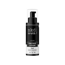 Load image into Gallery viewer, A black bottle of NKD 50mg CBD Face Lotion - 100ml with the label indicating an "Oud" scent. The bottle, featuring a pump dispenser and a sleek, minimalist design, contains natural ingredients to hydrate the skin.
