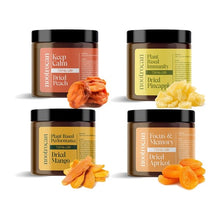 Load image into Gallery viewer, Four jars of Nootrocan 750mg Full Spectrum CBD Nootropic Dried Fruits - 300g, renowned for being vegan-friendly and nootropic, are displayed. The first jar, labeled "Keep Calm," contains dried peaches. The second jar, named "Plant Based Immunity," holds dried pineapple. The third jar, called "Plant Based Performance," features dried mango. Finally, the "Focus & Memory" jar offers dried apricot.