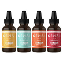 Load image into Gallery viewer, Four brown glass bottles of Sensi CBD tincture oil are displayed. Each bottle, made from organically cultivated hemp, features a black dropper cap and a colorful label. The flavors from left to right are Orange, Peppermint, Citrus, and Strawberry. Each bottle contains 500mg broad-spectrum CBD and has a volume of 30ml as indicated on the label.