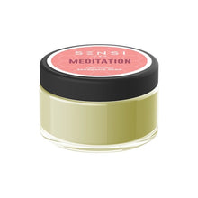 Load image into Gallery viewer, A small jar with a black lid labeled "Sensi CBD" and "Meditation" on a pink background. The jar contains a light greenish-beige substance described as Sensi CBD 100mg deep tissue massage wax, which is natural and vegan-friendly.
