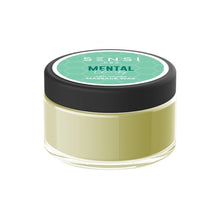 Load image into Gallery viewer, A small, clear jar with a black lid containing a light green-colored substance. The lid features a green label with hexagonal patterns and white text that reads "Sensi CBD," indicating it is the Sensi CBD 100mg CBD Massage Wax - 100g (2 pack), a natural and vegan-friendly massage product designed to provide soothing relief.