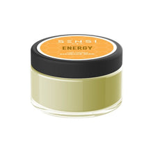 Load image into Gallery viewer, A jar of Sensi Energy 100mg CBD Massage Wax from Sensi CBD is shown. The container is clear with a black lid and an orange label featuring a honeycomb pattern. The label indicates that the natural, vegan-friendly wax is designed to energize and refresh with 100mg of CBD. The jar is filled with a light green substance.