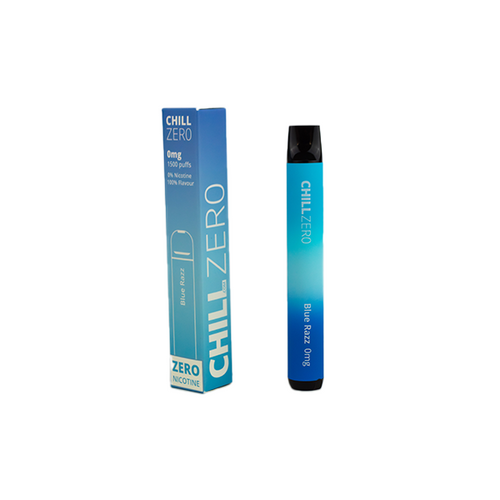 Image of a 0mg Chill Zero Disposable Vape next to its packaging box. Both the vape and the box showcase a blue gradient design. The text on the box reads 
