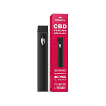 Load image into Gallery viewer, An image of the Hempthy 400mg CBD Disposable Vape Pen 600 Puffs next to its packaging. The red packaging states &quot;600 puffs, 400mg CBD, full spectrum, strawberry lemonade.&quot; The sleek black vape pen features a small design near the top portion.
