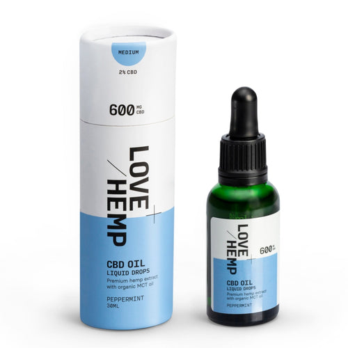 Image of a Love Hemp branded CBD oil product. The packaging includes a tall cylindrical container labeled 