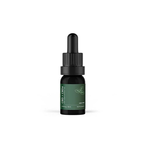 A small dark green bottle of Nectar Peppermint 20% 2000mg Full Spectrum CBD Oil with a black dropper cap. The minimalist label features an outline of a leaf and text that reads 
